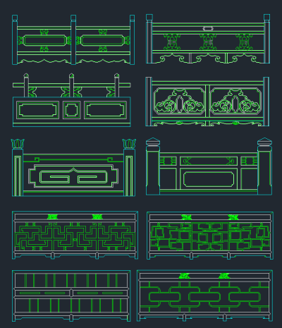全套中式栏杆CAD施工图，栏杆CAD建筑图纸下载
