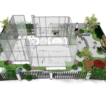 现代中式庭院景观草图大师模型，庭院景观sketchup模型skp文件分享