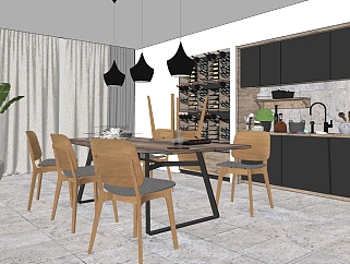 现代<em>北欧</em>开放式厨房餐厅草图大师模型，厨房SU模型下载