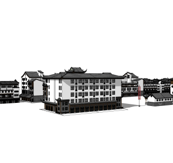 中式古建筑街道草图大师模型，古建民俗sketchup模型免费下载