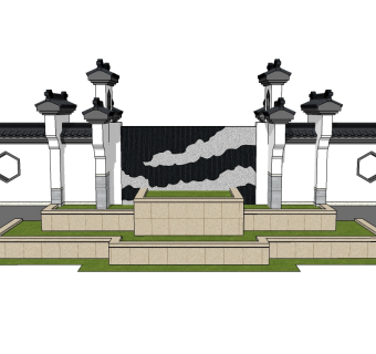 中式景观墙SU模型下载，景观墙skb模型分享