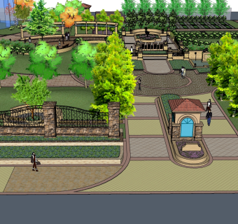 现代中式公园广场景观草图大师模型，广场景观sketchup模型skp文件分享