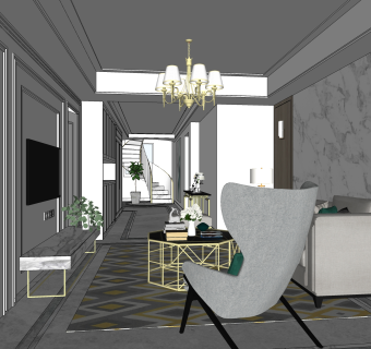 现代简约客厅免费su模型草图大师文件下载
