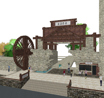 新中式景区大门入口sketchup模型，大门入口skb文件下载