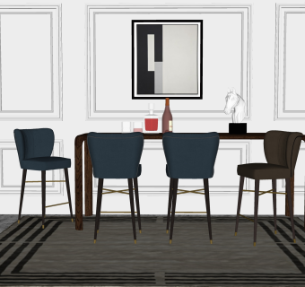 现代实木餐桌椅su模型，家庭用餐桌长餐桌草图大师模型下载