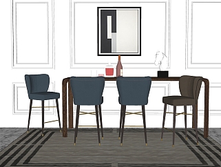 现代实木餐桌椅su模型，家庭用餐桌长餐桌草图大师模型下载