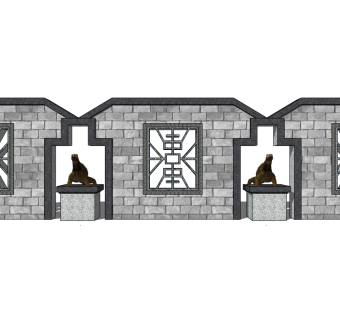 中式景观墙skp文件下载，景观墙SU模型