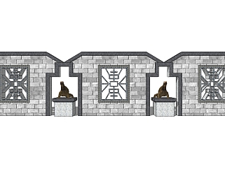 中式景观墙skp文件下载，景观墙SU模型
