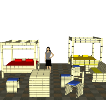 现代竹制品sketchup模型，桌椅床组合草图大师模型下载