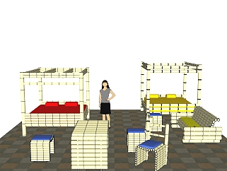 现代竹制品sketchup模型，桌椅床组合草图大师模型下载
