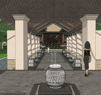 新中式售楼处草图大师模型，售楼部建筑sketchup模型免费下载