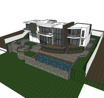 独栋泳池别墅草图大师模型，别墅SU模型下载