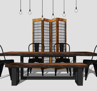 工业风餐桌椅su模型，餐桌sketchup模型下载
