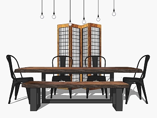 <em>工业风餐桌椅</em>su模型，餐桌sketchup模型下载