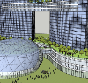 现代绿色生态办公楼群免费su模型、双子大楼