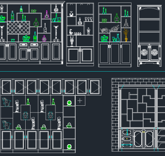 博古架博古柜装饰柜CAD图库，酒柜CAD施工图纸下载