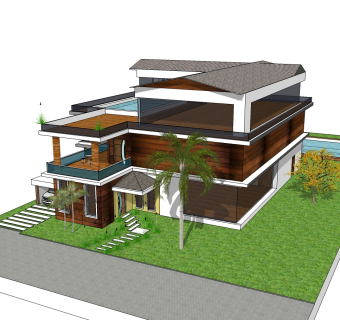 现代极简风格别墅草图大师模型，别墅SU模型下载