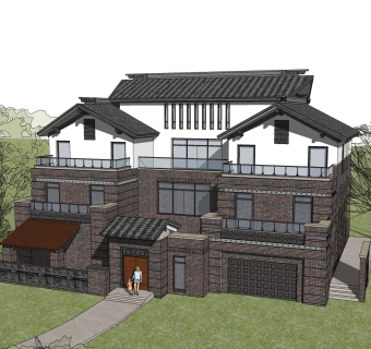 中式别墅建筑草图大师模型，古建民俗sketchup模型免费下载