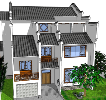 中式别墅庭院su模型下载、中式别墅庭院草图大师模型下载