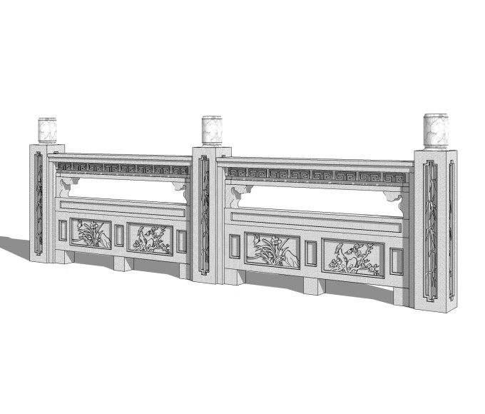 中式石材护栏免费su模型，栏杆草图大师模型下载