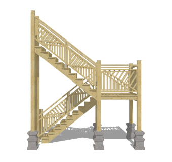 现代实木双跑平行楼梯草图大师模型，实木双跑平行楼梯sketchup模型免费下载