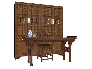 中式实木书桌免费su模型，，实木书桌sketchup模型下载
