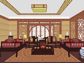 中式客厅免费su模型，客厅草图大师模型下载