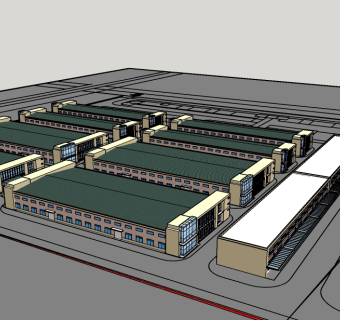 现代工业厂房skp文件下载，厂房草图大师模型