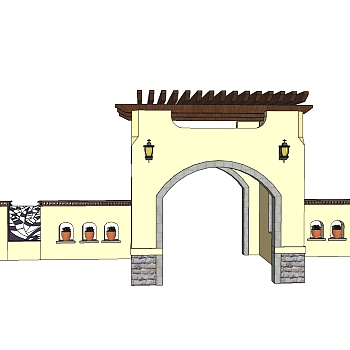 中式围墙景观墙skb模型分享，围墙sketchup模型下载