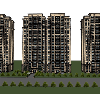 欧式高层住宅楼外观sketchup模型，住宅楼草图大师模型下载