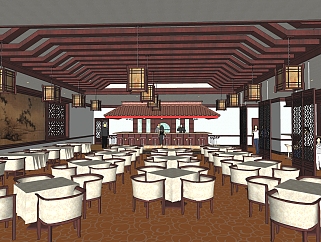 中国风餐厅<em>一</em>楼大厅草图大师模型，SU模型免费下载
