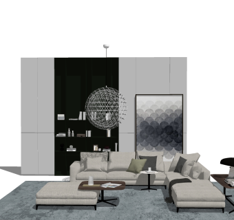 现代布艺沙发组合草图大师模型，沙发skp模型下载