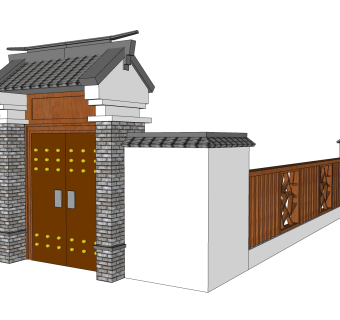 中式大门围墙sketchup模型下载