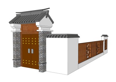 中式大门围墙sketchup模型下载