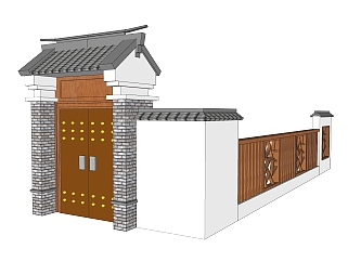 中式大门围墙sketchup模型下载