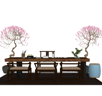 新中式茶室skb文件，茶室sketchup模型下载