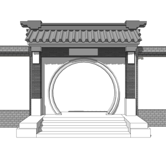 中式院门院墙草图大师模型，院门院墙sketchup模型免费下载