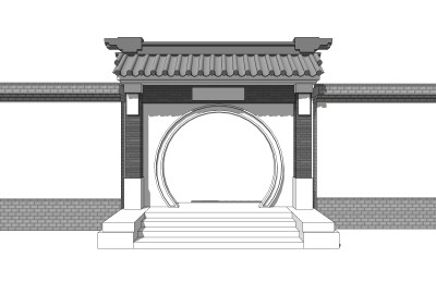 中式院门院墙草图大师模型，院门院墙sketchup模型免费下载