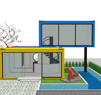 现代集装箱改造房草图大师模型，改造房sketchup模型下载