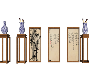中式字画花瓶摆件草图大师模型,家居摆件su模型下载