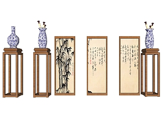 中式字画花瓶摆件草图大师模型,家居摆件su模型下载