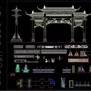 古建牌楼建筑CAD施工图，古建筑楼牌设计平面图