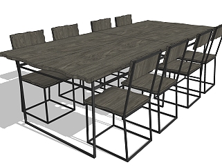 工业风餐桌椅su模型，八人餐桌长桌子草图大师模型下载