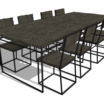 工业风餐桌椅su模型，八人餐桌长桌子草图大师模型下载