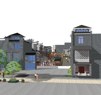 中式商业街建筑草图大师模型，商业广场sketchup模型免费下载