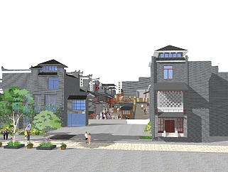 中式商业街建筑草图大师模型，商业广场sketchup模型免费下载
