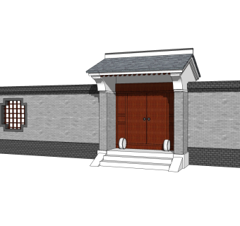 中式院门院墙草图大师模型，院门院墙sketchup模型免费下载