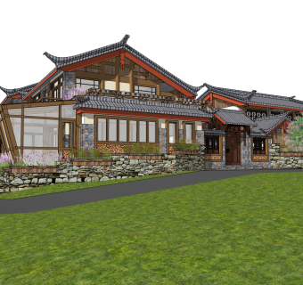 中式民宿草图大师模型，民宿sketchup模型下载