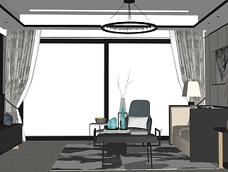 新中式客厅su模型，客厅sketchup模型下载