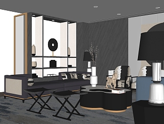 新中式客厅su模型，客厅桌椅酒柜草图大师模型下载